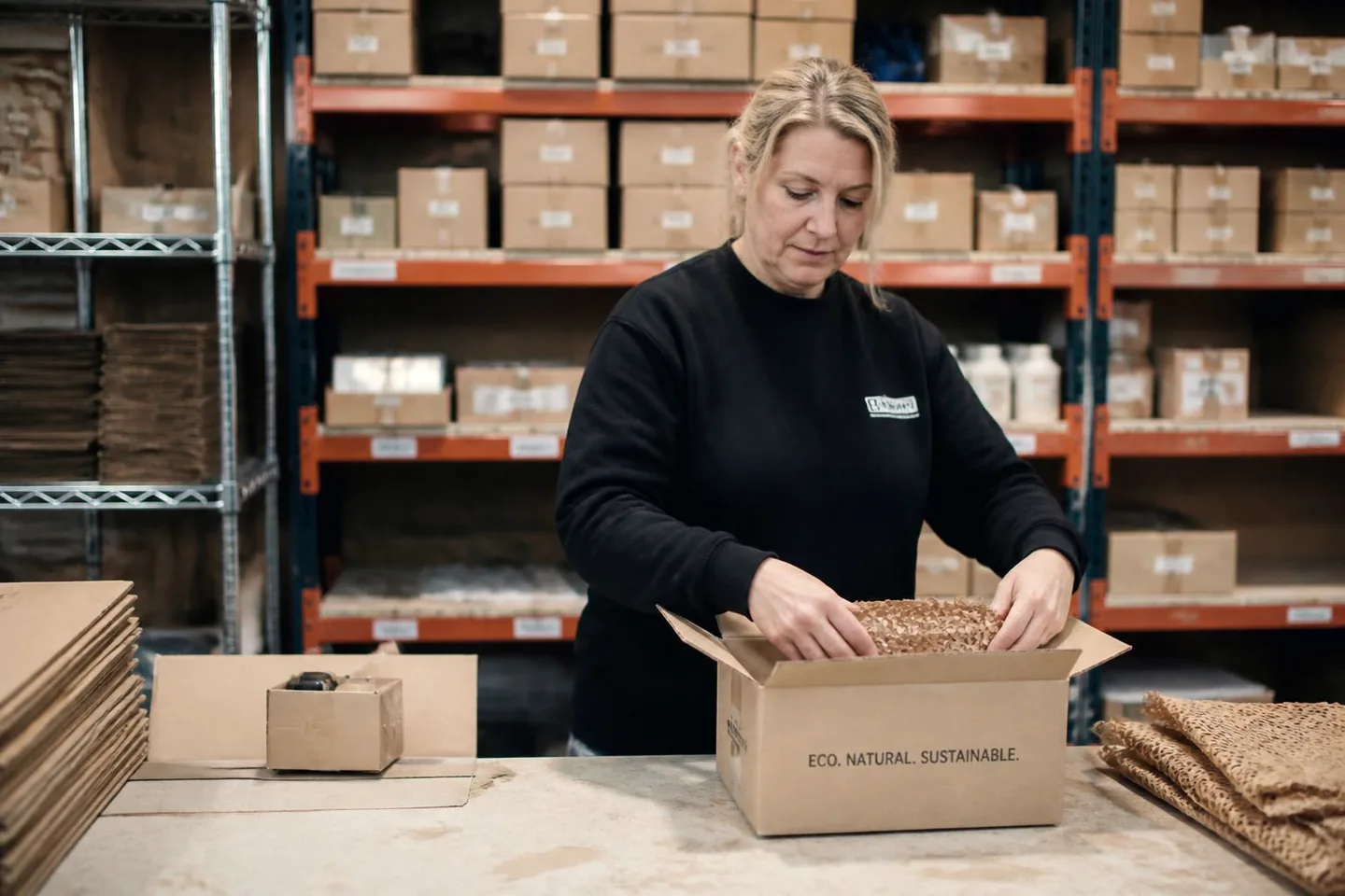 Staff member packing a boxed product for despatch in a small fulfilment unit.