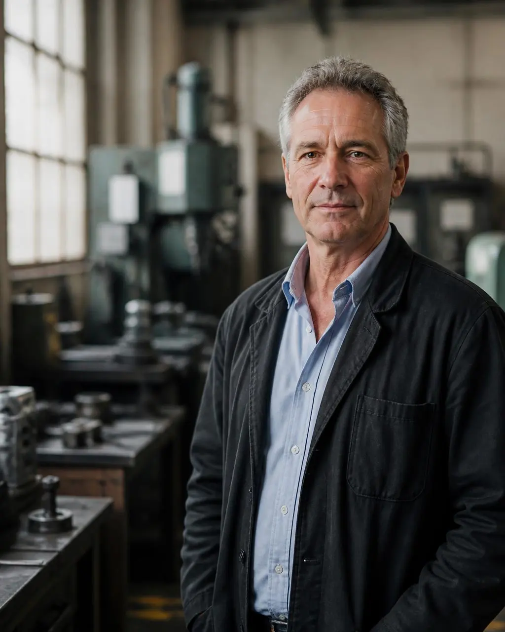 An established UK business owner photographed in a light-engineering workshop.