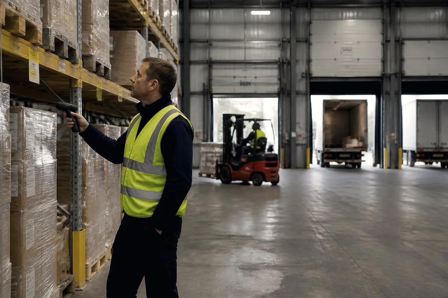 Warehouse operative checking palletised stock while goods are loaded at the bay doors.