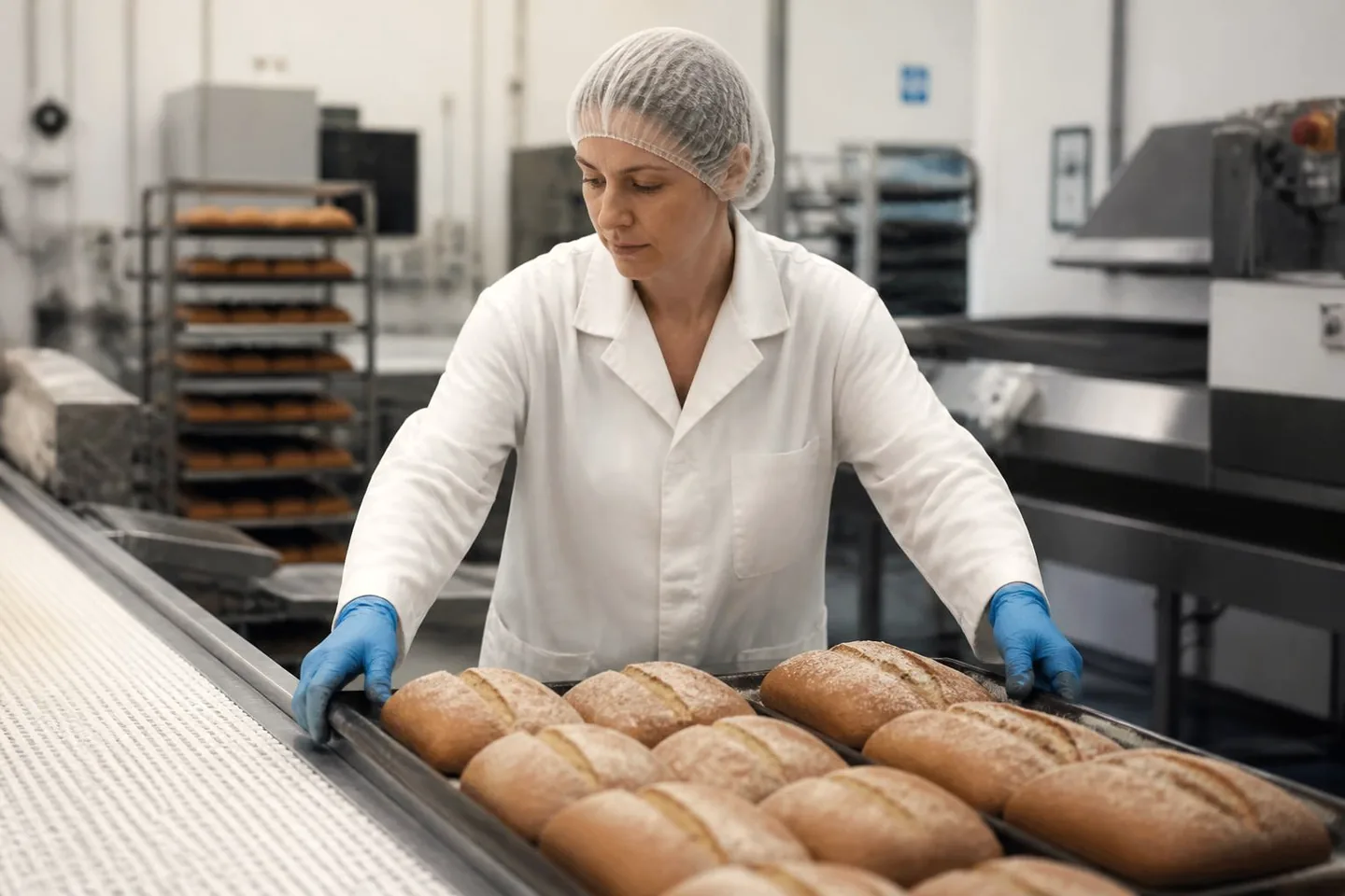 Commercial bakery worker moving trays of bread along a food production line.