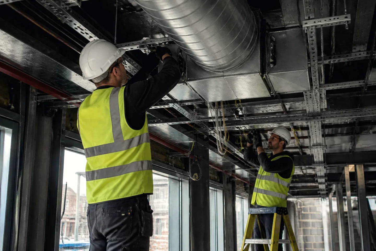 Building services engineers installing ductwork during a commercial fit-out.