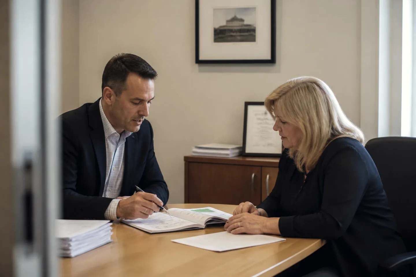Adviser and client reviewing paperwork across a table in a regional financial services office.