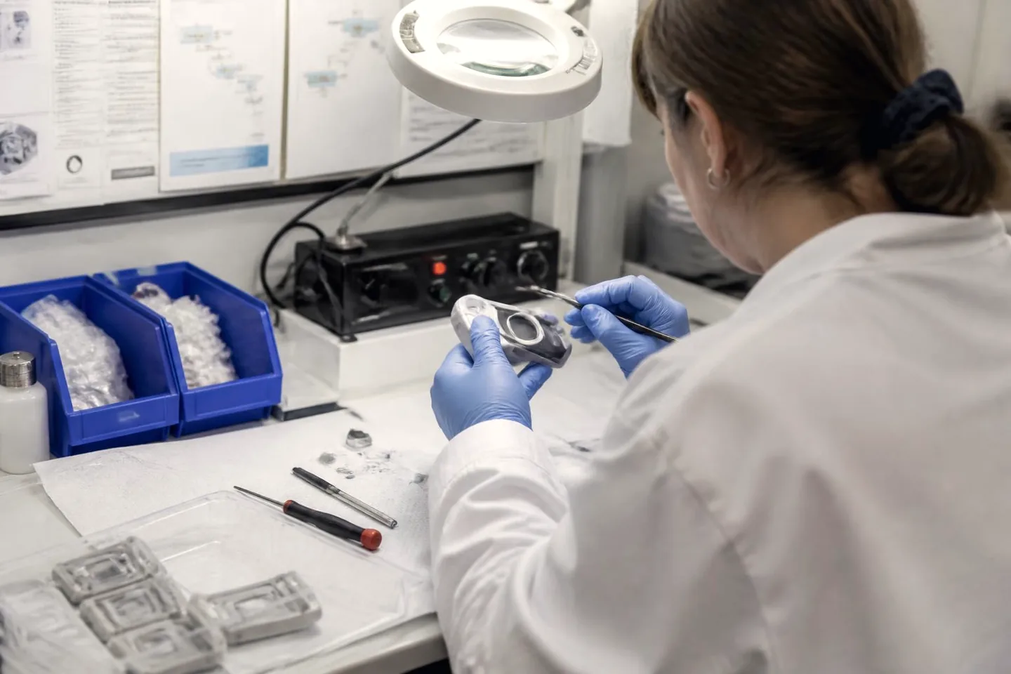 Technician assembling and inspecting a medical device at a clean laboratory bench.